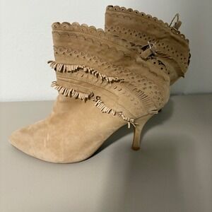 Jeffrey Campbell Tan Suede Fringe Scalloped Pointed Toe Stiletto Ankle Boots SZ9